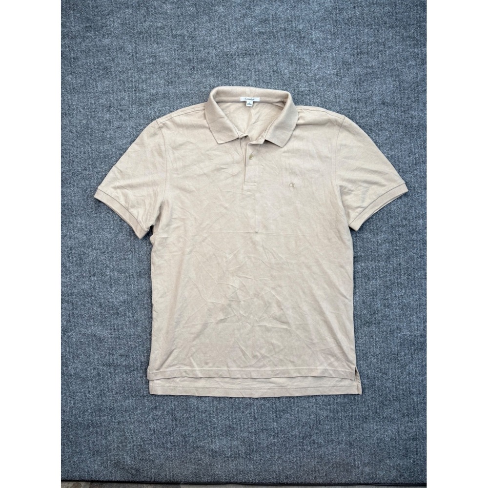 Calvin Klein Mens Large Tan Beige Short Sleeve Pique Polo Shirt CK Logo Classic